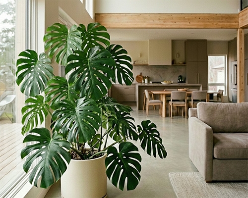 Monstera deliciosa en pot, feuillage vert découpé, placée près d’une fenêtre lumineuse dans un salon moderne.